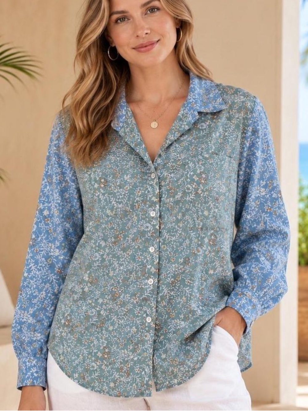 J. Jill Petite Floral Two Tone Button Down